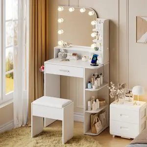 Small Makeup Vanity Desk with Mirror and Lights, 26.4" Small Vanity for Small Space with Stool and Charging Station, Compact Vanity with 3 Color Lighting Modes (White)