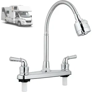 RV Kitchen Sink Faucet Deck Mounted 8 Inch Camper Kitchen Faucets with 360° Swivel Spout Mixer Taps for Campers Motorhome Travel Trailer, Polished Chrome, Flexible Arc Spout