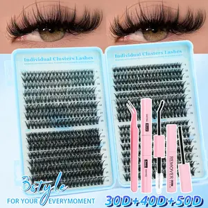 Eyelash extension kit, Eyelash cluster kit, DIY false eyelashes, 640pieces, 30D+40D+50D, glue, remover, tweezers, professional and beginner-friendly, easy to use at home