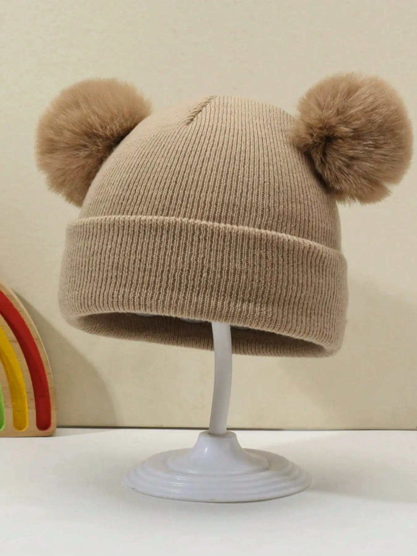 Baby Winter Warm Knit Beanie with Fuzzy Ball, Unisex Toddler Hat, Infant Beanie, Hand Wash, Elastic Fit for 0-3 Years, Fall & Winter Season, Knitting Beanie Beanies