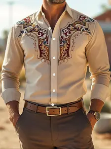 Men's Western Print Formal Shirt, Vintage Casual Design, Western Style Daily Wear, Multi-Occasion Button-Up Shirt