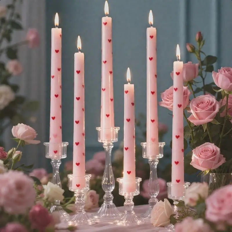 Set of 6 Handmade Pink & Red Heart Printed Taper Candles - 10 Inch Long Drip Soy Wax Candles with Heart Cutouts, 4-8 Hour Burn Time for Weddings, Valentine'S Day, Home Dinner Decor, Romantic Ambiance - Elegant Table Centerpiece, Romantic Candle Gift, Hous