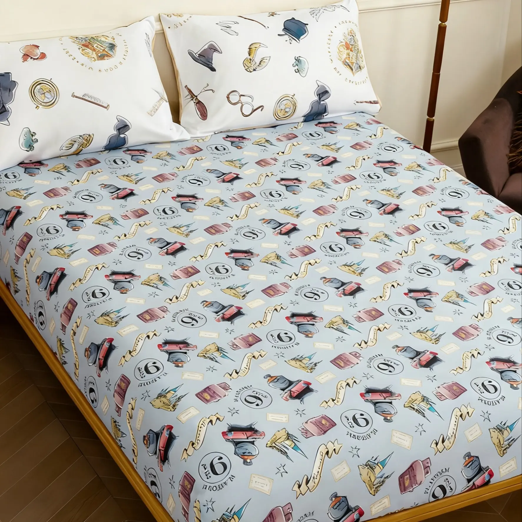 Wizarding-Themed Easter Bedding Set, 1 Fitted Sheet + 2 Pillowcases, Playful Fandom Style, Enchanting Motifs, Whimsical Charm, Perfect for Family Sleepovers & Fan Bedrooms, Bedding Sheets