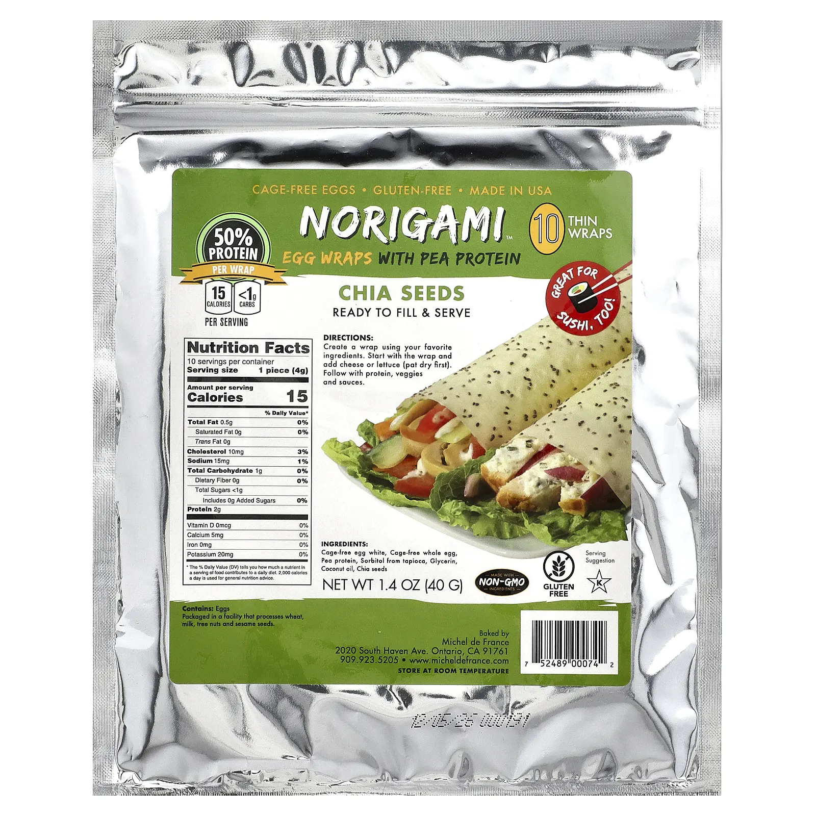 Norigami Egg Wraps with Pea Protein, Chia Seeds, 10 Thin Wraps, 1.4 oz (40 g)