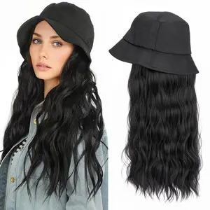MY-LADY 18inch Hair Extensions with Cap Bucket Hat Wigs Water Wave Curly Long Synthetic Hair Pieces for Women outdoorfun