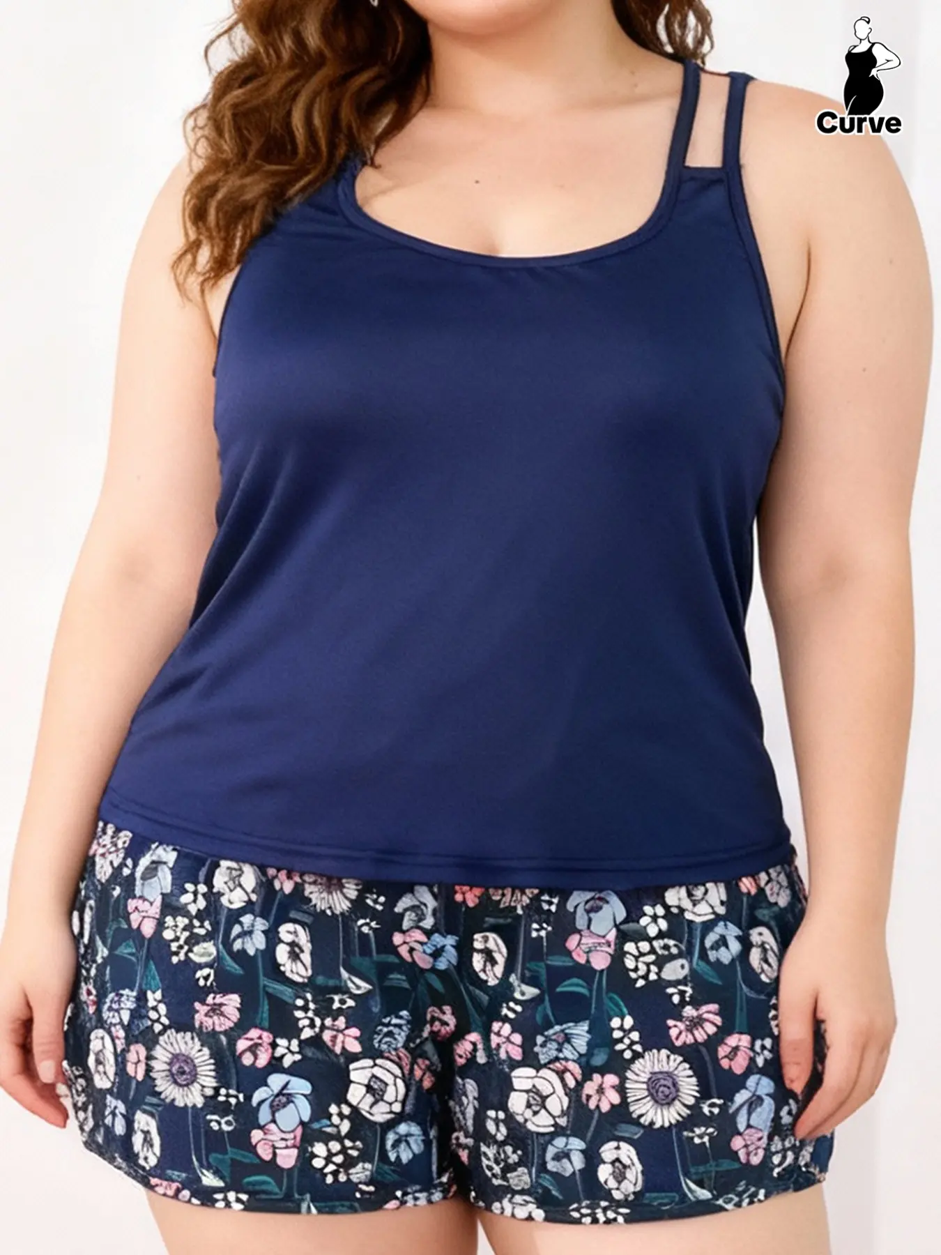 Plus Size Curvy Casual Women's Homecoming Set, Spring Summer Sporty Floral Print Spaghetti Strap Tank Top + Shorts Pajama 2 Piece Set, Suitable for Home and Sports