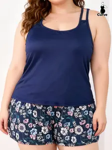 Plus Size Curvy Casual Women's Homecoming Set, Spring Summer Sporty Floral Print Spaghetti Strap Tank Top + Shorts Pajama 2 Piece Set, Suitable for Home and Sports
