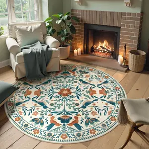 Round Carpet with Vintage Plant Design, Floral Pattern Rug, Large Area Rug, Home Decor, Holiday Gift, Soft Comfortable Non-Slip Mat
