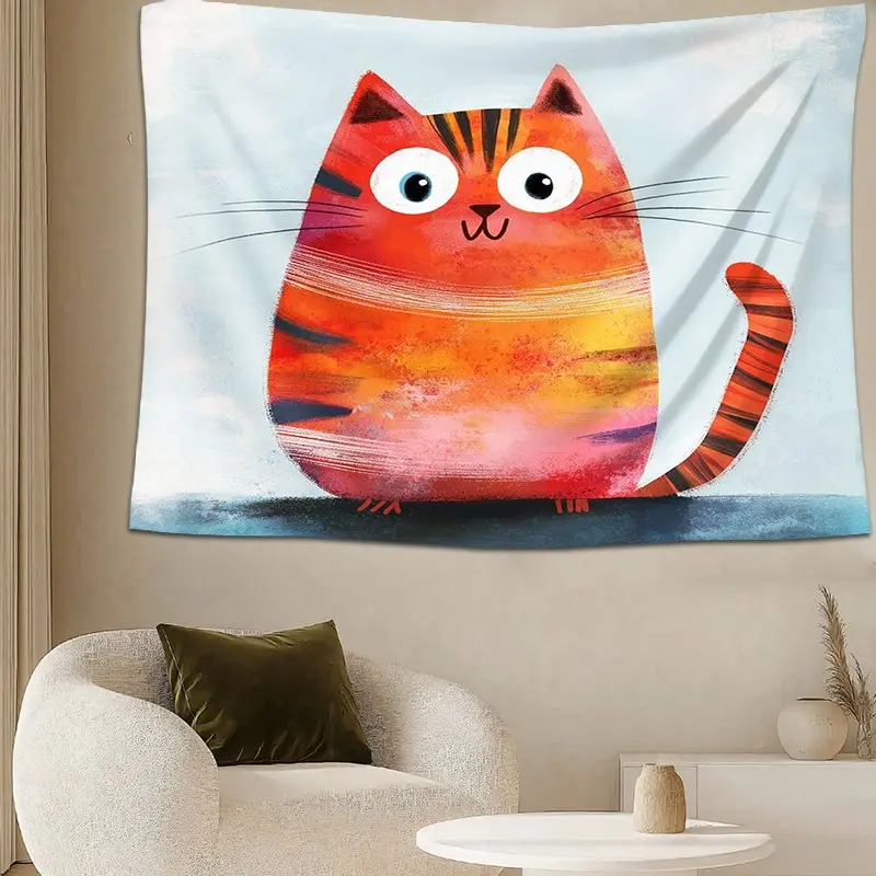 Tapestry Orange Cat Stripes Cute Wall Hanging Tapestry for Bedroom Office Party or Room Decor Polyester Washable Stitched Edge Large Tapestries As Birthday Gift for Women and Friends