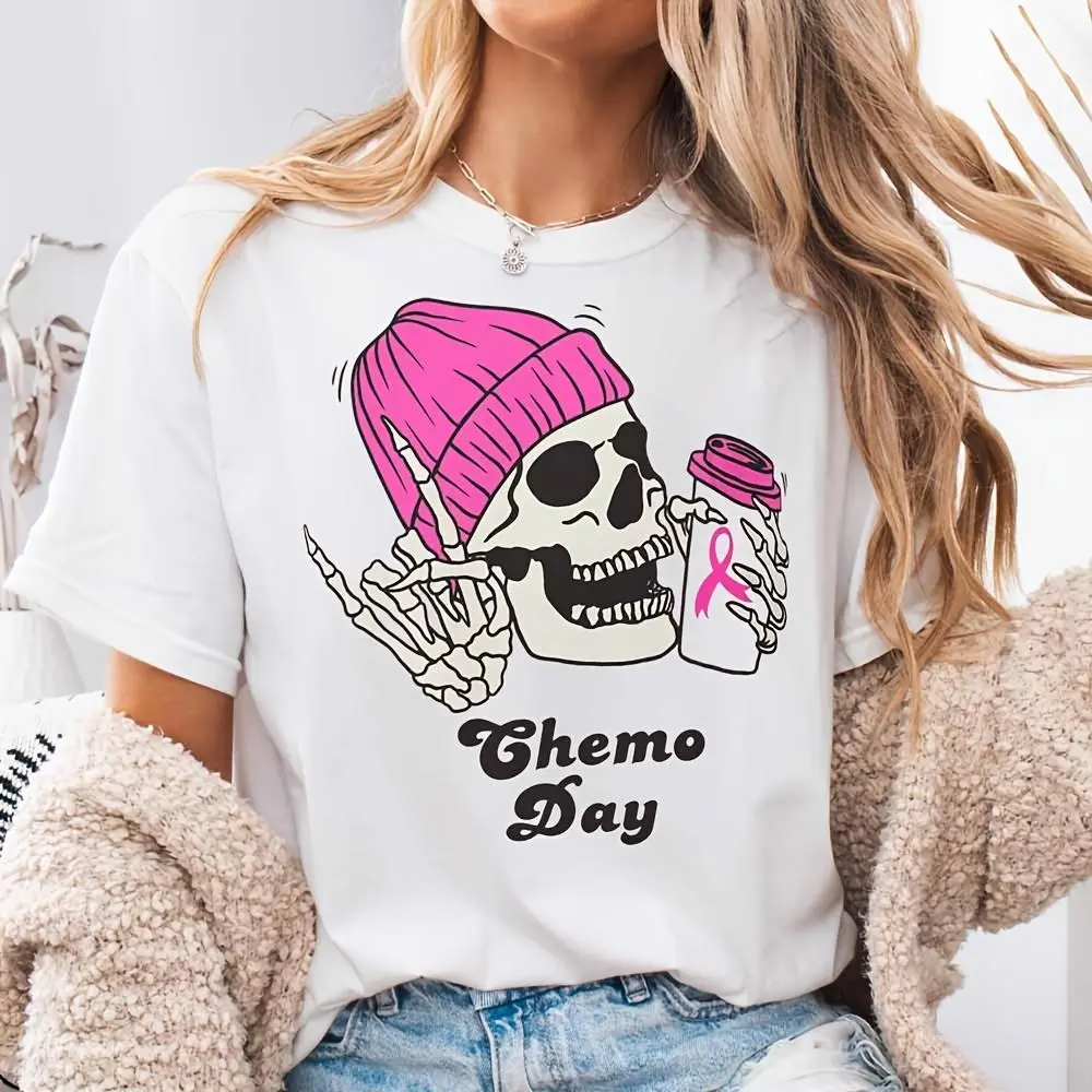 Women Chemo Day T-Shirt, Pink Ribbon Skull Graphic Tee, Breast Cancer Awareness Support Shirt, Oncology Treatment Gift, Survivor Appreciation Top