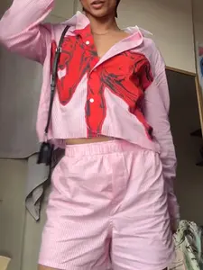 INCERUN Men's Street Fashion Striped Printed Long Sleeve Shirt + Shorts Two-Piece Set, Stylish and Comfortable, Suitable For Daily Wear