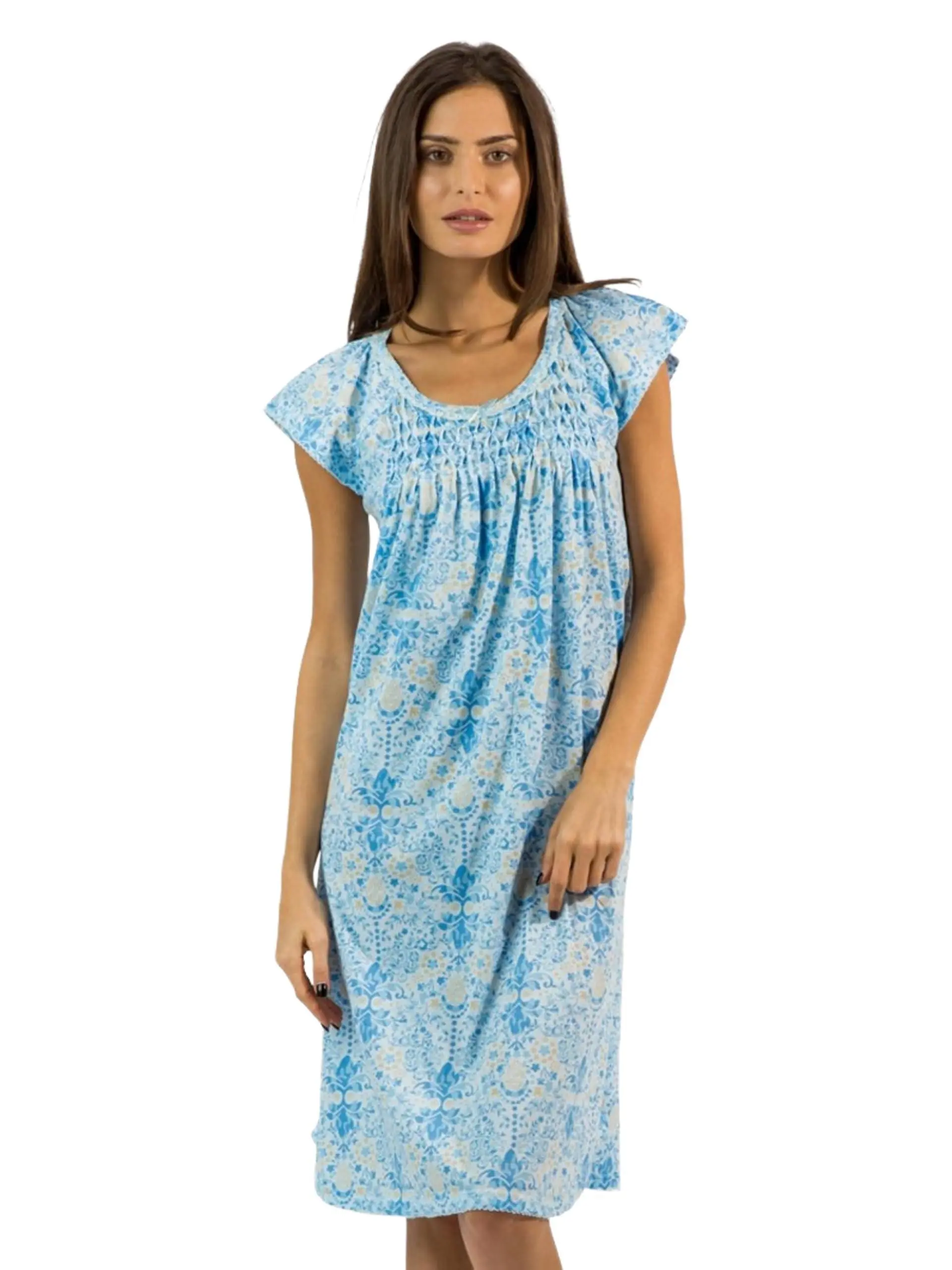 Casual Nights Women's Short Sleeve Printed Cotton Blend Nightgown, Comfortable Lightweight Pullover Sleep Dress with Lace and Satin Trim, Nightwear, Loungewear, Ribbon, Polyester, Button, Sleep Shirt, Maternity, Feminine, Hospital, Everyday, Shortsleeve,,