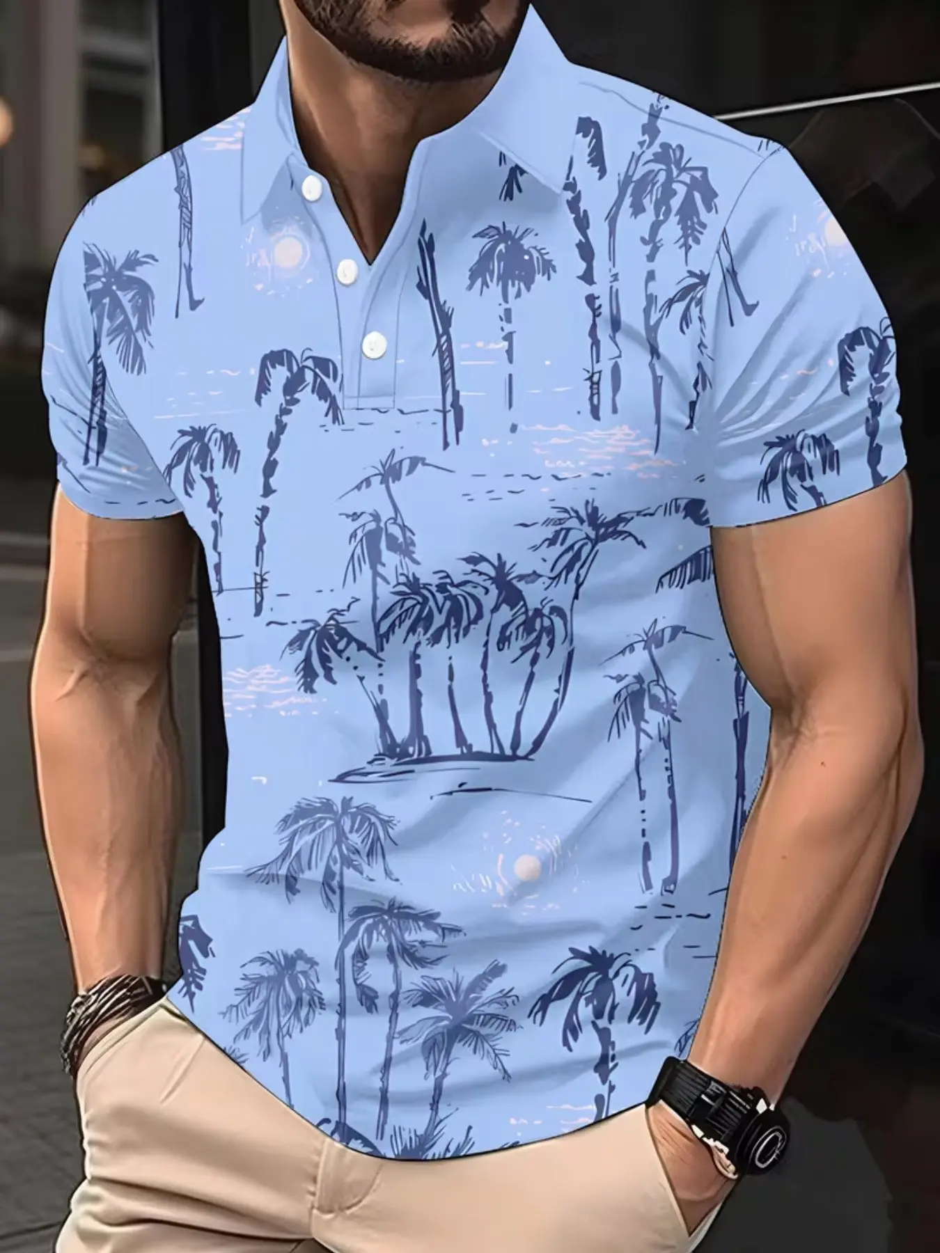 Men's Short Sleeve Polo Shirt, Tropical 3D Digital Print, Geometric Pattern, Casual Fitted Design, Button Front, Perfect Gift for Dates and Beach Vacations