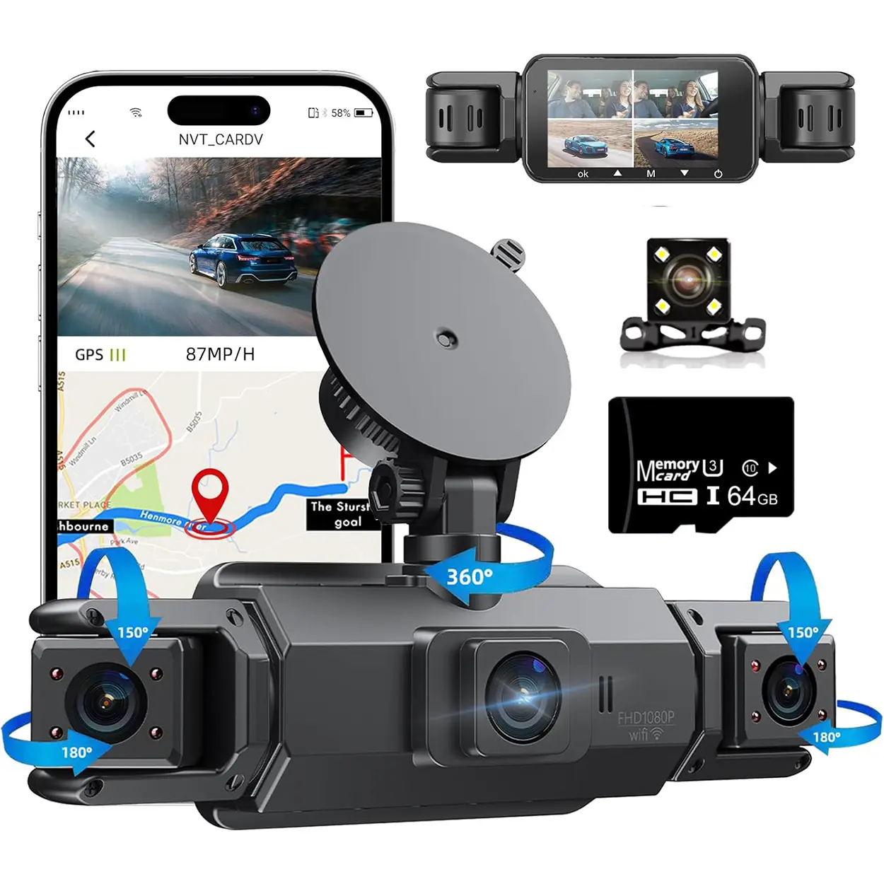 4Channel Dash Cam 360° View  Dash Camera for Cars,  WiFi Night Vision,  Free 64G Card