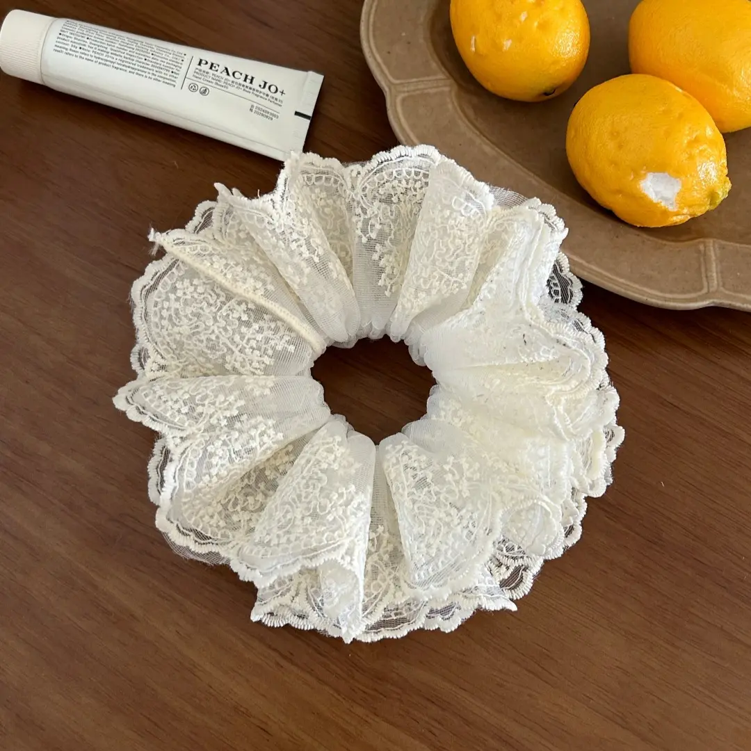 Handmade French Lace Scrunchie – 10cm Wide Oversized Bow Hair Tie with 22cm Elastic, Multi-Layer Ruffled Hair Accessory