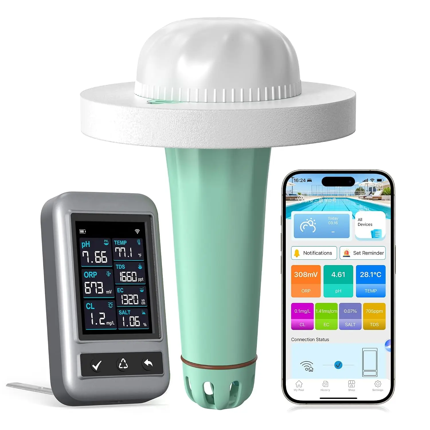 7-in-1 Smart Pool Water Tester with APP - Rechargeable Digital pH Testing Device for Swimming Pools, Hot Tubs, Measures pH, Chlorine, ORP, TDS, EC, Salinity & Temp (Home Improvement Water Test Kit)