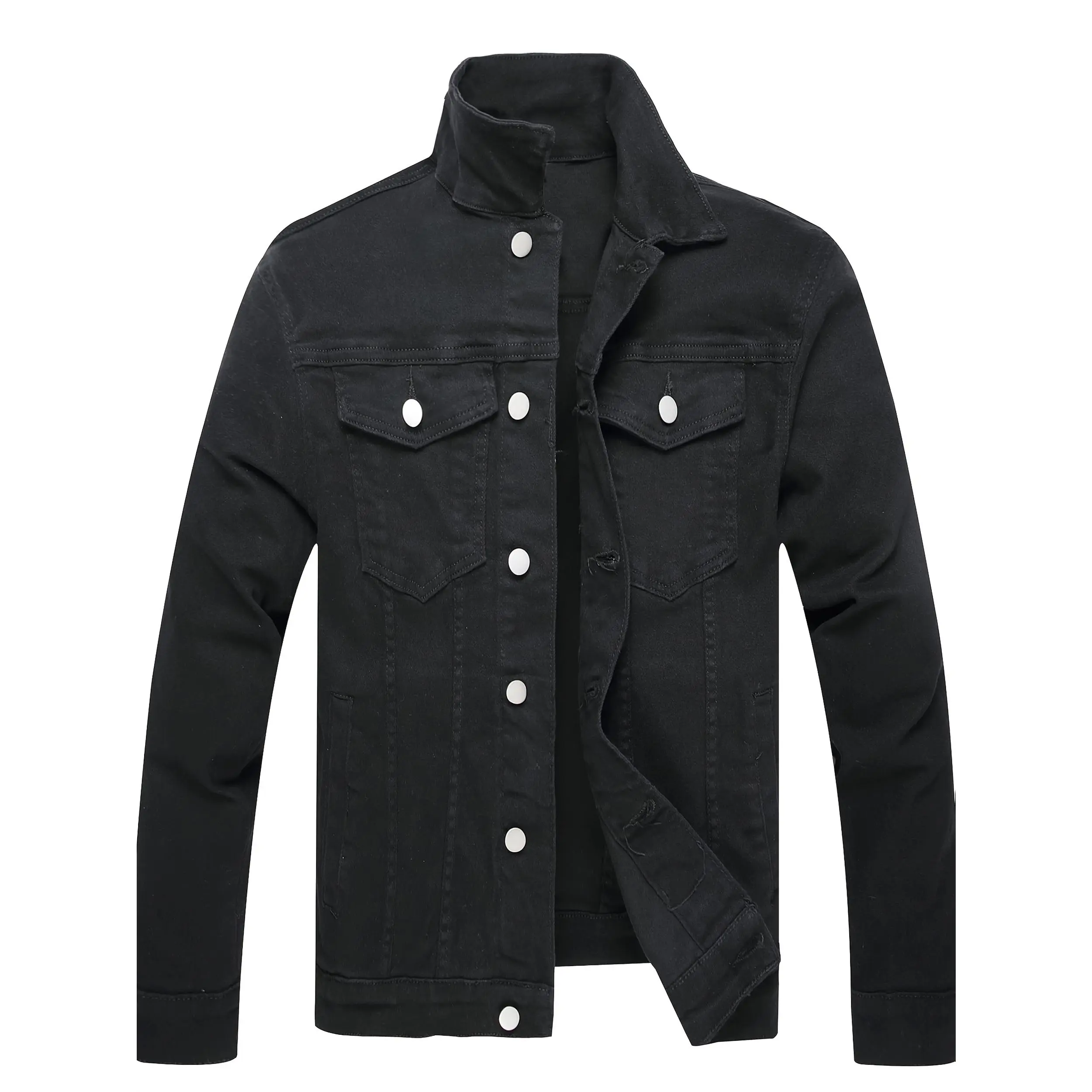 Men's Olive Green Denim Jacket - Casual Slim Fit Long Sleeve with Flap Pockets, Button-Up Front, and Adjustable Collar, Machine Washable