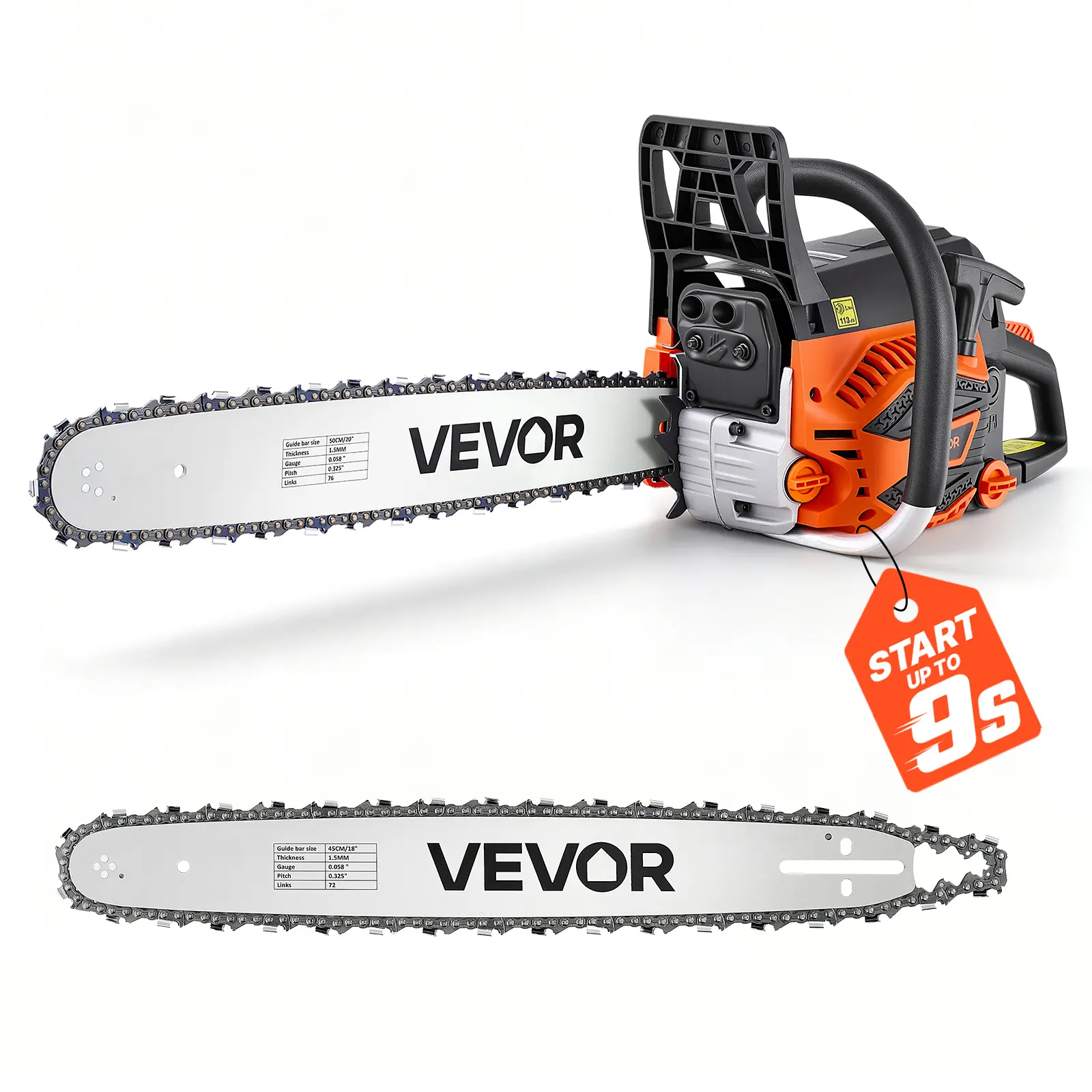VEVOR Gas Powered Chainsaw 18 & 20 Inch 58CC 3.22HP 2 Stroke Engine Saw, for Wood Cutting, Tree Trimming & Land Clearing, Throttle-Synced Choke, Power Chain Saw with Non-Slip Handle & Dual Tanks