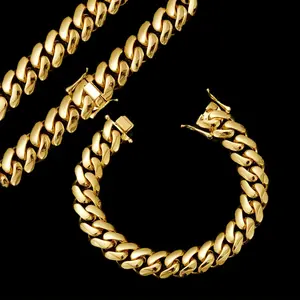 2pcs Thick 18K Gold Plated Plated Hip Hop Jewelry Set Stainless Steel 12mm Men Cuban Link Chain Curb Punk Flat Buckle Bracelet Necklace