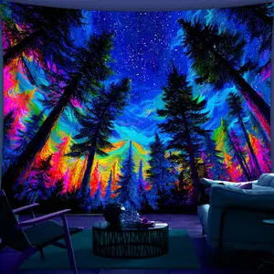 1pc Colorful Art Starry Sky Forest- Glow In The UV Light Banner Tapestry, Large Size Peach Skin Fluorescent Printing Tapestry, Bedroom Hanging Tapestry For Party Festival, Bedroom Home Decor, Fabric Wall Decoration With Free Accessories