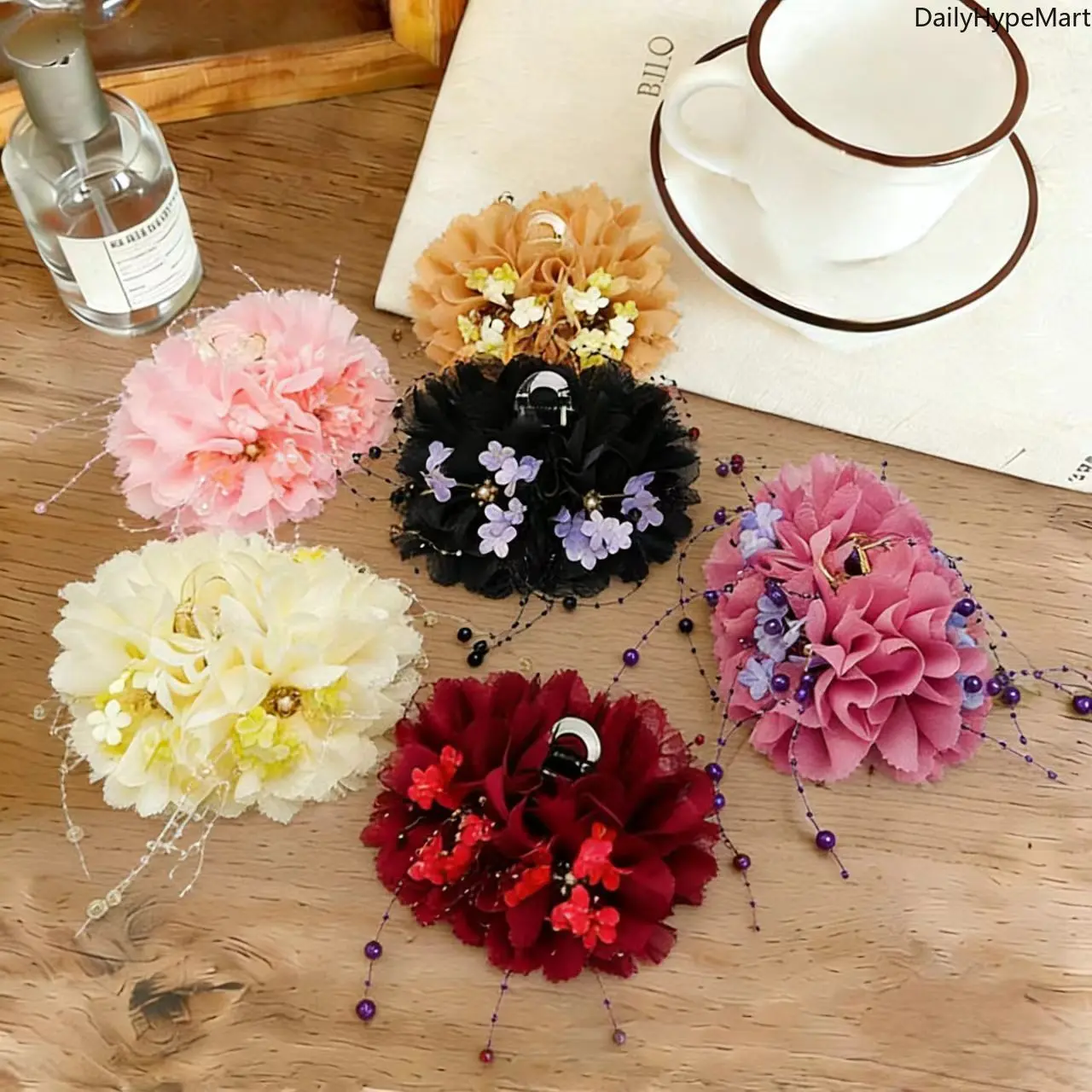 Peony Feather Tassel Shark Clip, Vintage Floral Back-of-Head Hair Claw