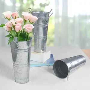 Galvanized Metal Vase, 4 Counts/set Farmhouse Bucket with Handles Planter, Table Decor Centerpiece, Rustic Vase for Wedding Home