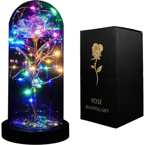 Galaxy-Artificial Rose-Flowers-Forever Enchanted Rose with Colorful LED Light Glass Dome for Romantic Gifts Anniversary