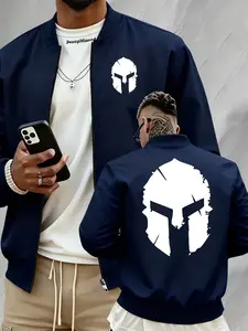 Men's Street Style Spartan Helmet Print Pilot Jacket, Casual Zipper Long Sleeve Daily Wear Outerwear, Slim Fit Polyester Fiber Coat