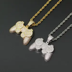 Hip Hop Bling Necklace Personality Game Console Handle  Full Zircon Childhood Creative Handheld Game Pendant Necklace
