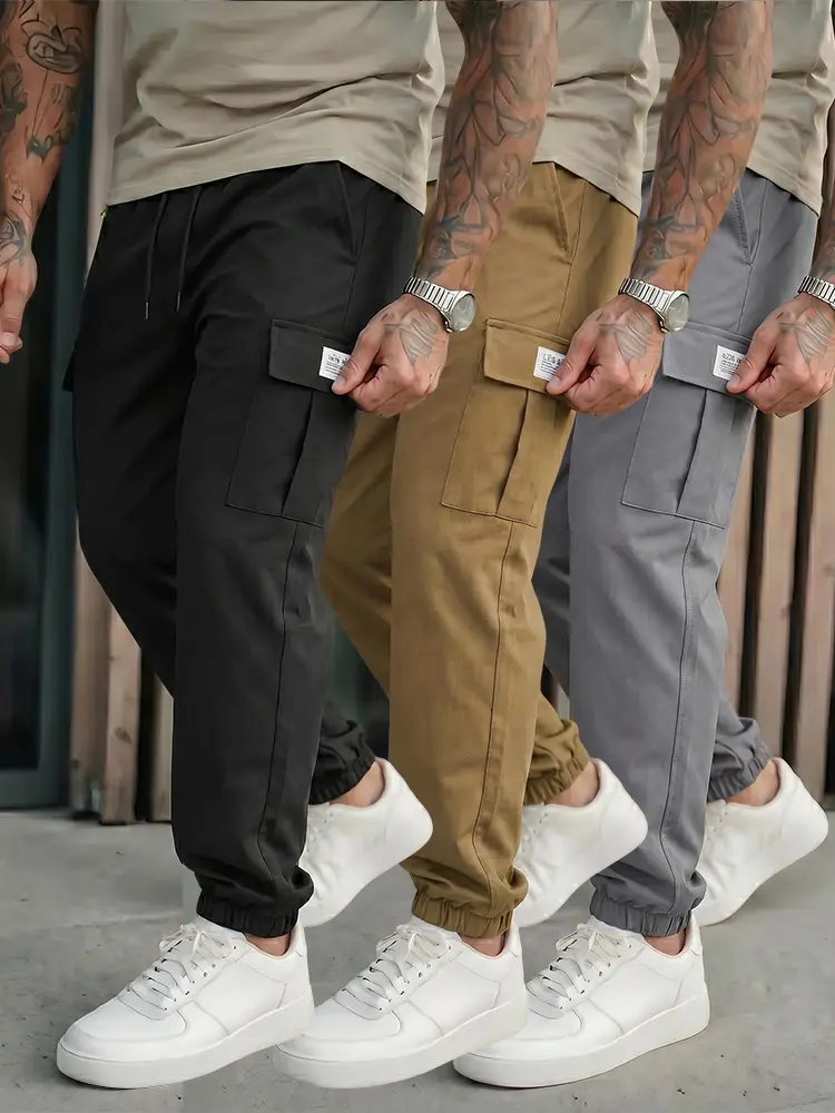 Men’s Cuffed Ankle Utility Cargo Pants, Elastic Waistband, Multi Layer Flap Pocket Streetwear Bottoms
