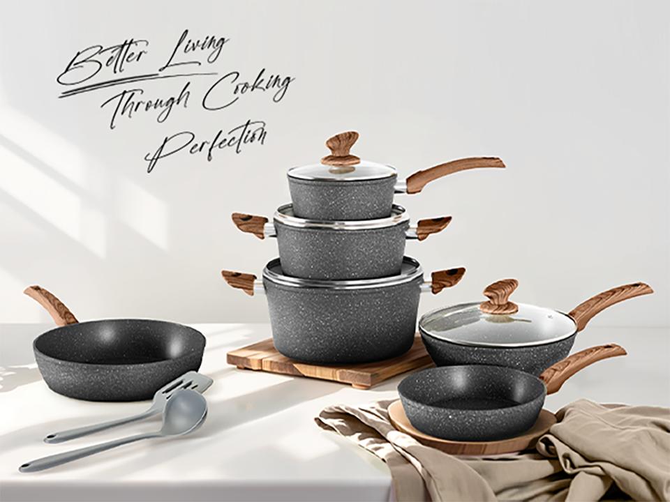 Kitchen Academy 12/17/30 Piece Premium Cookware Set, Triple Coated Nonstick Pots and Pans Set, Aluminum Construction for Stovetop & Oven, Frying Pots with Lid