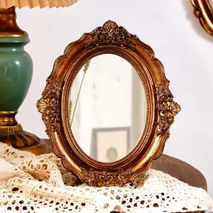 Elegant Oval Mirror Decorative Piece, Home Decor Mirror, Vintage Copper Color Resin Frame, Ideal for Makeup Table Storage & Photography Props