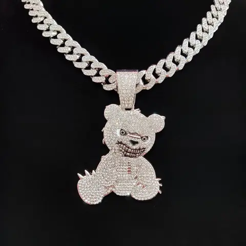 Unisex Punk Style Bear Pendant Necklace, Rhinestone Decor Cuban Chain Necklace, Jewelry for Party, Daily Decor, Bling Accessory, Birthday Gift, Valentine's Day, Cuban Link Chain, Rhinestone Decorated Necklace, Necklaces Men, Statement Necklace