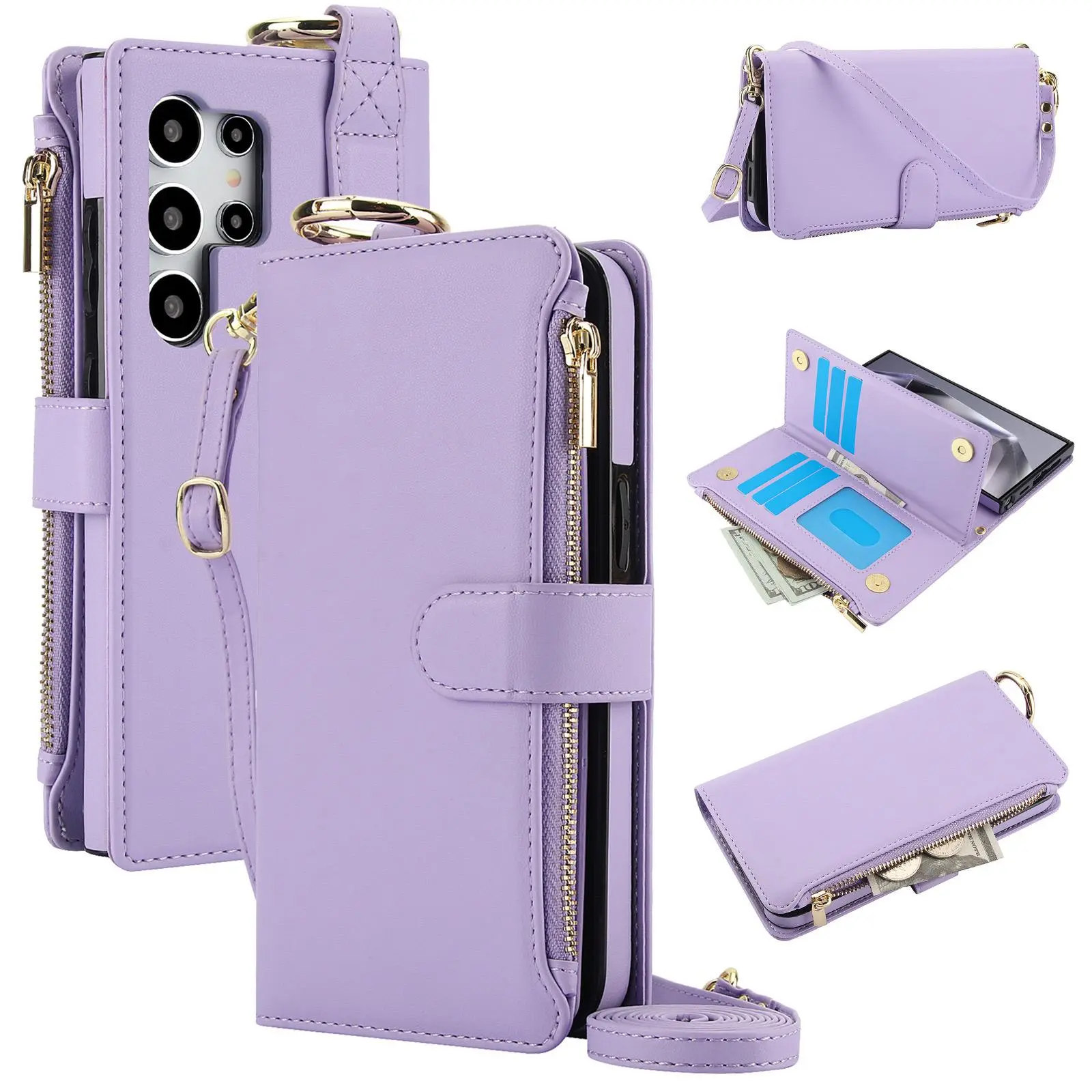 High end leather zipper wallet with multiple card slots, portable crossbody shock resistant phone case suitable for Samsung Galaxy S26 S25 S24Ultra S23Ultra S22Ultra S21 Ultra S24Plus S23Plus S22Plus multifunctional anti fall protective case, women's and