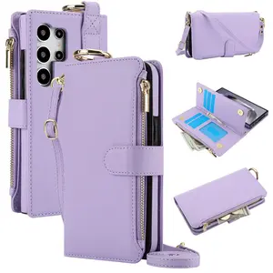 High end leather zipper wallet with multiple card slots, portable crossbody shock resistant phone case suitable for Samsung Galaxy S26 S25 S24Ultra S23Ultra S22Ultra S21 Ultra S24Plus S23Plus S22Plus multifunctional anti fall protective case, women's and