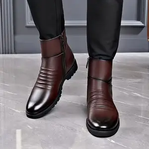 Men's Stylish Boots - Comfortable, Non-Slip, Durable Ankle Boots with Side Zipper, Black Synthetic, Casual/Trendy Design for All Seasons, Party & Streetwear, Allseason Boots | Trendy Boots | Durable Footwear Walking Shoes Boy Fathersdaygift Leather