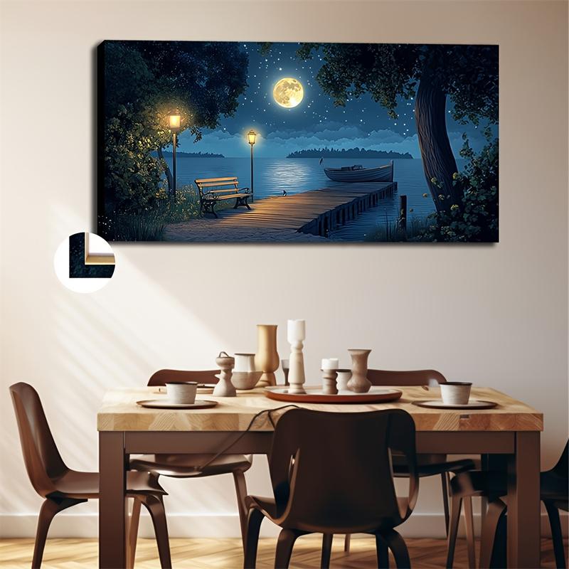 Wooden Framed Canvas Painting Large-sized framed canvas wall art, real and peaceful ship shore landscape painting, living room, bedroom, office, wedding and event decoration ocean-themed hanging painting, Wrapped in canvas