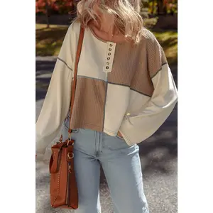 Color Block Waffle Knit Stitch Detail Long Sleeve Top