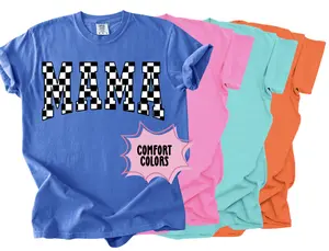 Mama Checkered Bright Spring Summer Comfort T-Shirt - Colorful Patterned Design, Suitable for Women's Womenswear - Tops