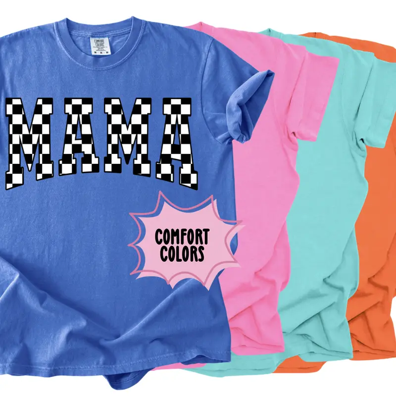 Mama Checkered Bright Spring Summer Comfort T-Shirt - Colorful Patterned Design, Suitable for Women's Womenswear - Tops