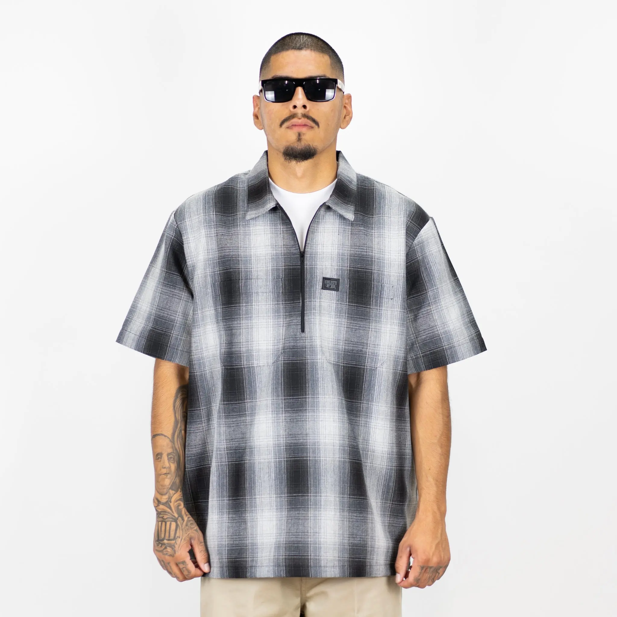 FB County Short Sleeve Checker Zip Shirt Casual Top