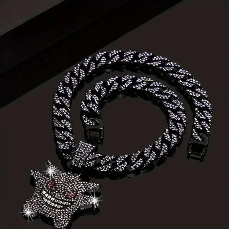 Rhinestone Charm Cuban Link Chain Necklace for Men, 1 Piece Demon Charm Trendy Matching Chunky Necklace, Punk Fashion Jewelry, Party and Club Jewelry, Ideal Christmas and New Year Gift for Your Boyfriend