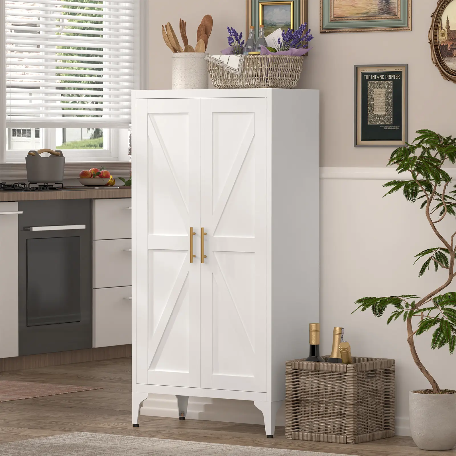 2-Door Metal Tall Storage Cabinet with Adjustable Shelves - Steel Pantry Locker for Kitchen, Living Room, Office