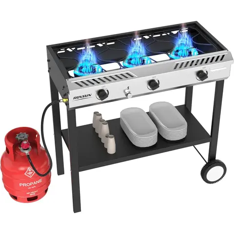 ROVSUN 2/3-Burner Portable Propane Stove with Ignition & Regulator, 150000/225000 BTU Outdoor Stove with Portable Stand for Patio, Backyard Patio Cooking, Camping