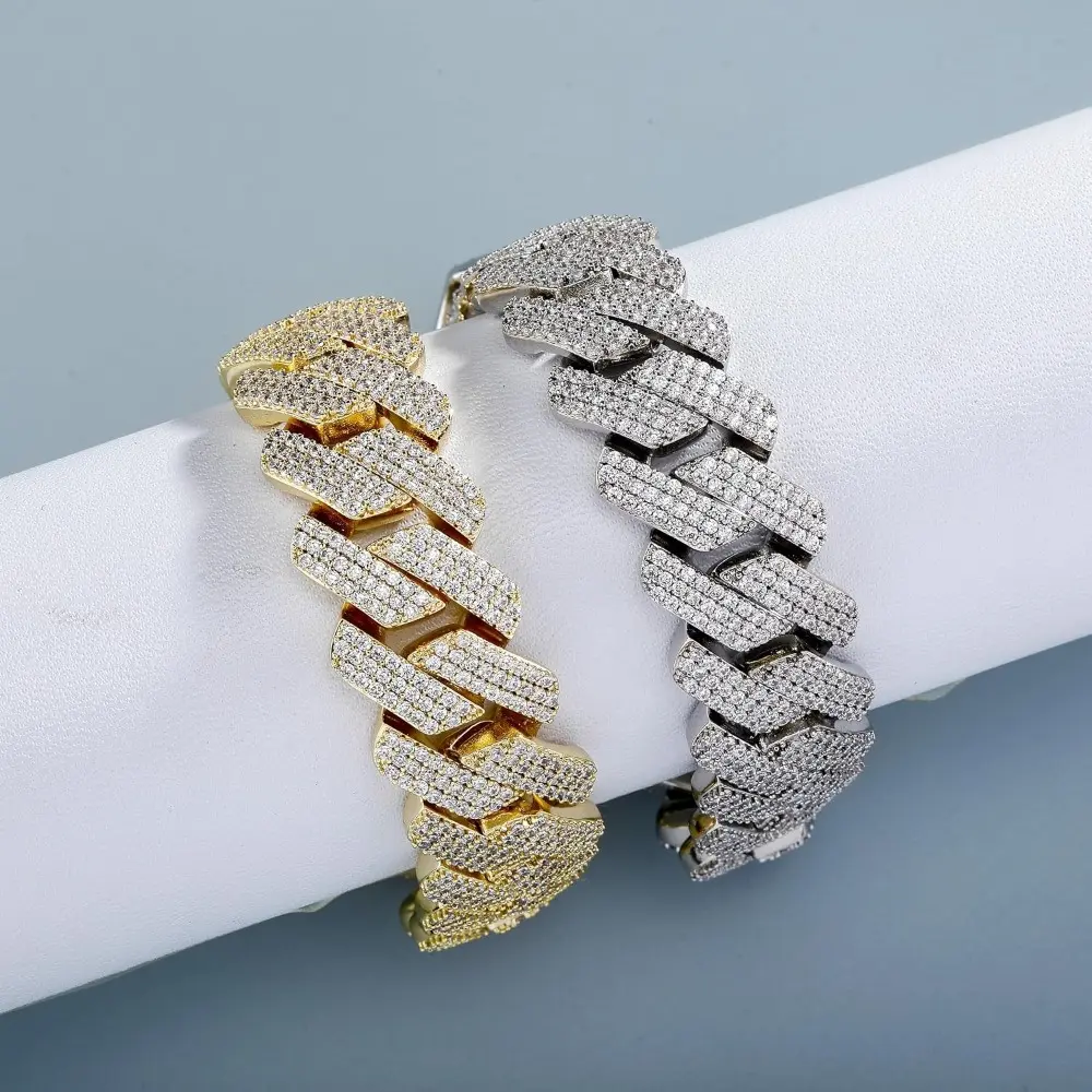 Mens Cuban Link Chain Iced Out Miami Cuban Bracelet 14/20mm Silver & Gold Plated Chains Bling Diamond Hip Hop Jewelry For Men Women