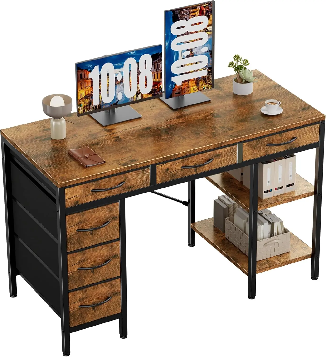 55" Computer Desk with 6 Drawers, Home Office Gaming Desks with Storage Shelves for Bedroom, Writing Study Corner Living Room Work Table