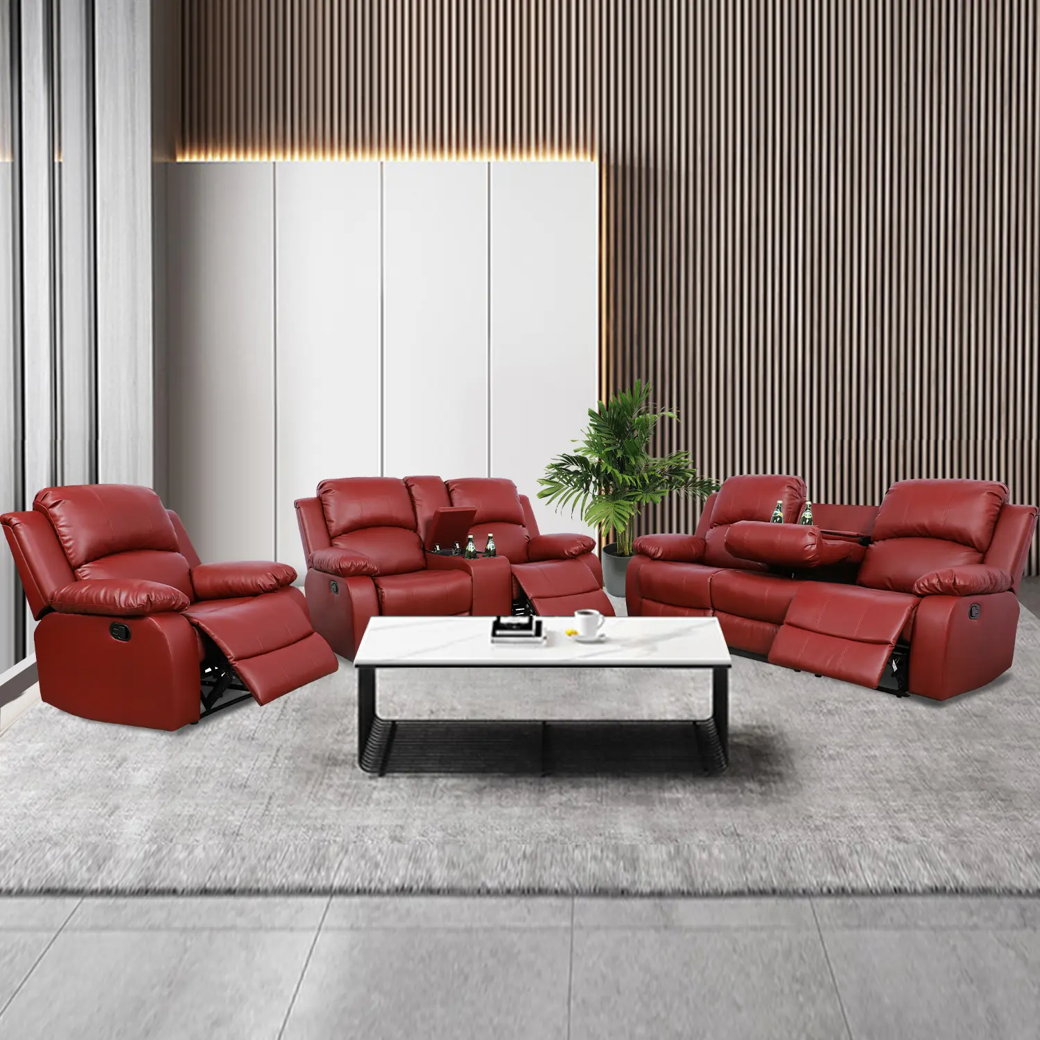 Indoor Living Room 3-Piece Sturdy Sofa Set with Fixed Arms, Premium Semi-PU Leather Hybrid Fabric Couch, Vibrant Tone, Scratch-Resistant Waterproof Surface, Modern Lounge Furniture, Home Decoration, Assembly Required, Stable