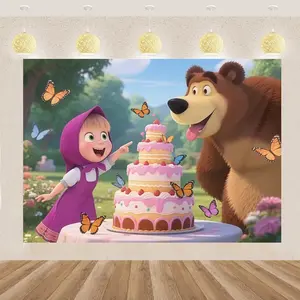 Cartoon Masha and the Bear Cartoon Birthday Background Princess Banner - Ideal Birthday Item, Party Decoration, Suitable For Home, Garden, Courtyard Anniversary Celebration And Photo Props, Multi-Functional, 2d Flat