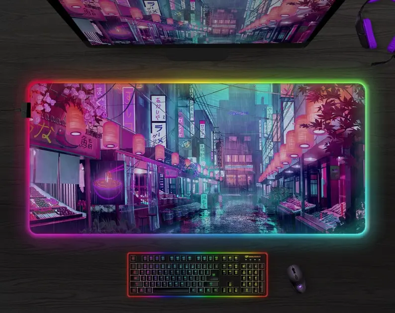 RGB Desk Mat Gaming Mousepad LED, Retro Neon Tokyo Vaporwave Synthwave Cyberpunk deskmat for gamers, XXL large extended japanese mouse pad, Desk Mat Gifts