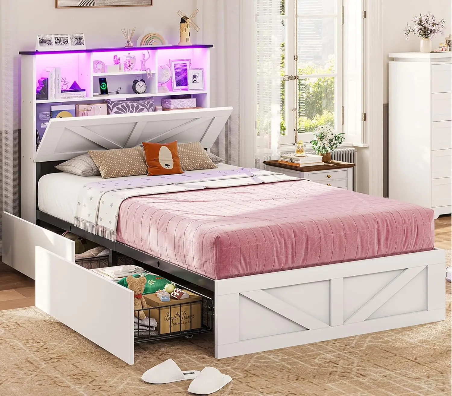 AOGLLATI White Farmhouse Wood-Framed Twin Bed Frame with Bookcase Storage Headboard, Charging Station, LED Lights, 4 Drawers, Barn Door Design, No Box Spring Needed, Noise-Free, Wood-Framed Bed Frames